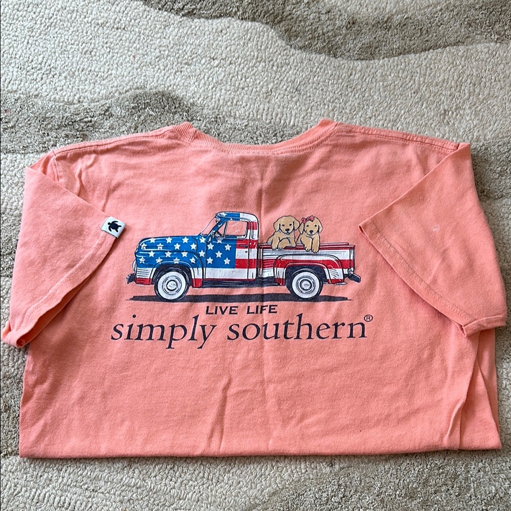 Simply Southern Coral T-Shirt with Patriotic Truck Design